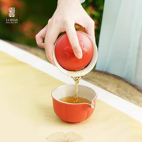 台湾陆宝陶瓷便携式茶具旅行套装女高颜值一壶两杯快客杯富贵石榴 - 图0