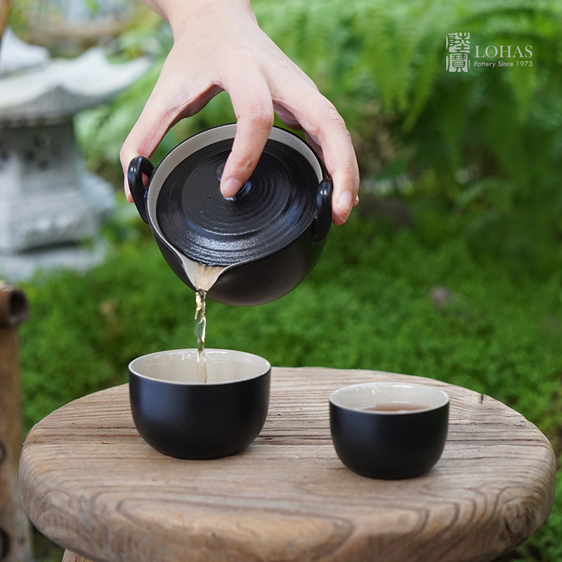 陆宝陶瓷旅行茶具便携式一壶两杯二人茶具禅风黑陶然盖碗旅行组