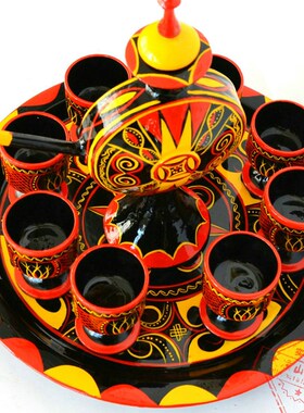 四川凉山彝族民间漆器彩绘全手工艺品扁酒壶酒具礼盒大号摆设送人