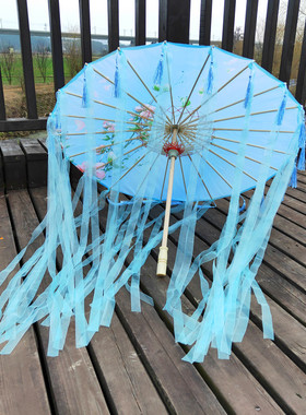 古装汉服油纸伞摄影走秀道具伞防雨防晒飘带伞古风COS伞流苏伞