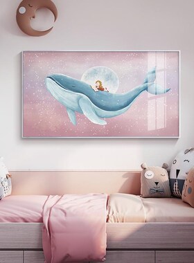 网红北欧头风格童房间装饰单幅儿横版画蓝色鲸通话男孩鱼女孩床挂