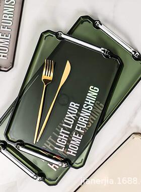 高颜值轻奢克莱因蓝长方形水杯家用清吧托盘茶杯收纳带把手水果盘