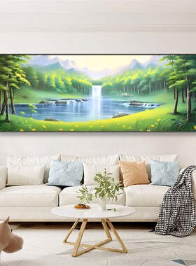 青山绿水聚宝盆装饰画客厅沙发背景墙山水挂画流水生财壁画靠山图