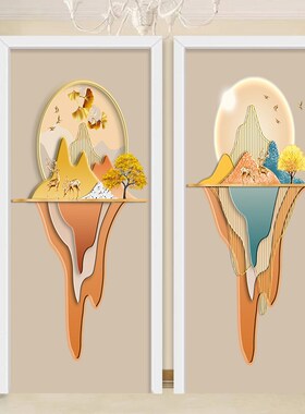轻奢银杏叶麋鹿门墙纸翻新自粘贴画卧室厨房门装饰