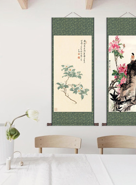 海棠花牡丹图丝绸画卷轴画九鱼图国画玄关装饰画绢画布艺挂画