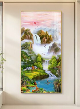玄关装饰画八方聚财山水画聚宝盆竖版风景挂画正对门走廊过道壁画