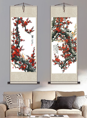 丝绸画花鸟画国画客厅装饰画礼品画卷轴画喜上眉梢紫色梅花好运画