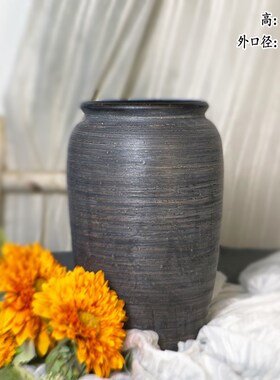 侘寂风手工红泥陶花盆 中式粗陶插花花器 多肉盆栽无底孔陶盆