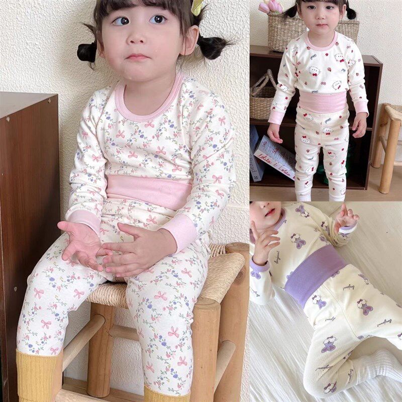 Girls' high-waisted belly-protecting home wear, baby boy's autumn clothes, long johns, pure I cotton underwear set, thickened boneless children's underwear