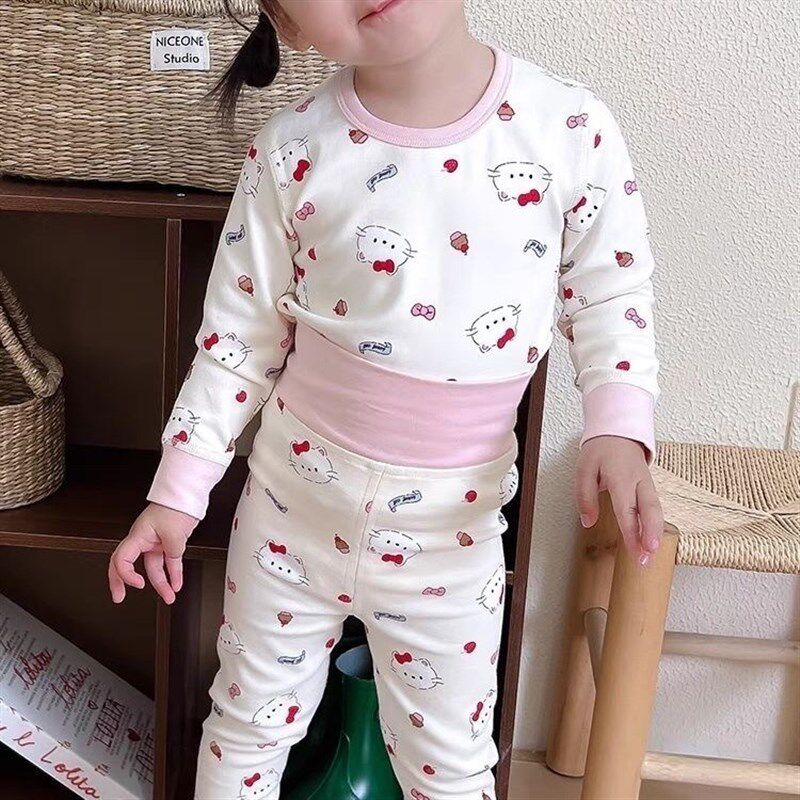 Girls' high-waisted belly-protecting home wear, baby boy's autumn clothes, long johns, pure I cotton underwear set, thickened boneless children's underwear