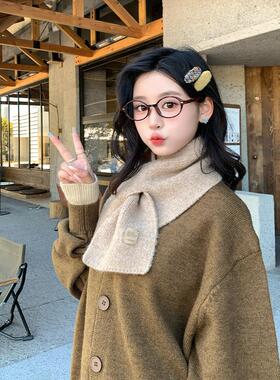 韩版卡其色针织小围巾女秋冬季高级感减龄百搭纯色保暖毛线围脖