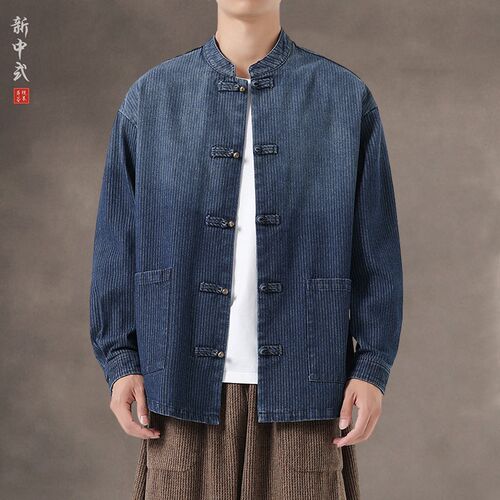 新中式秋冬大码条纹铜扣牛仔唐装外套国潮复古盘扣渐变中山装夹克 - 图3