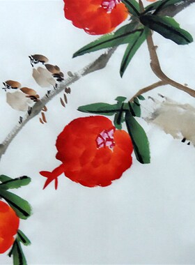 纯手绘国画花鸟画小写意水墨画三尺斗方石榴图笑口常开客厅装饰画