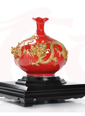 漆线雕陶瓷花瓶摆件 荷口双龙戏珠中国红开业礼品 家居装饰陶瓷摆