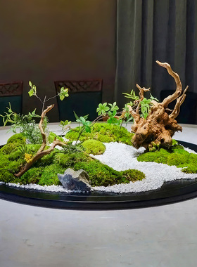 酒店大圆桌新中式转盘中间摆花圆形微缩景观桌花餐桌摆台装饰摆件
