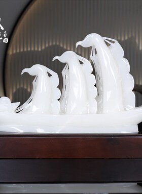 天然玉石一帆风顺帆船摆件客厅办公室玄关酒柜工艺装饰品开业礼品
