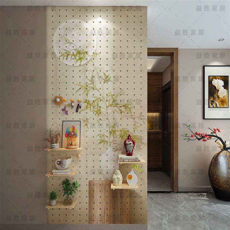 Medieval style solid wood perforated board custom bamboo moon pattern custom entry entrance wall perforated board storage rack