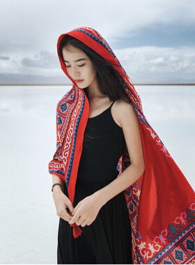 民族风春秋红色披肩旅游拍照纱巾女防晒围巾女夏季西藏沙漠秋披风