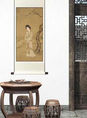 明代 张纪 人面桃花图国画工笔人物画中式装饰画客厅竖版玄关挂画