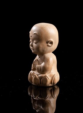 桃木木雕打坐小沙弥摆件手把件把玩件 家居装饰工艺品