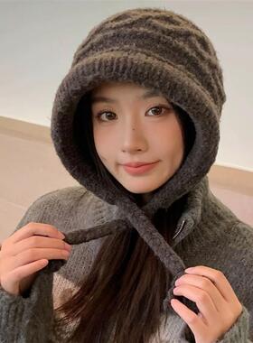 2025新款红色针织护耳帽子女秋冬保暖显脸小毛线帽长辫子甜美可爱