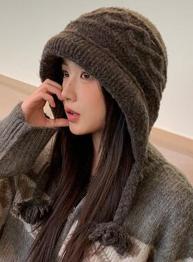 红色民族风针织帽子女秋冬保暖氛围感流苏护耳帽显脸小毛线套头帽