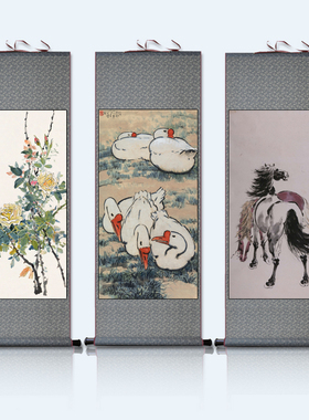 徐悲鸿马到成功牡丹花鸟竹子挂画卷轴水墨画酒店靠山背景画丝绸画
