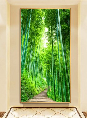 进门道树林墙壁风景挂画竖版简约大树现代玄关过走廊画入户装饰画