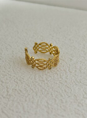 高级金属韩国时尚 开口花形镂空蕾丝戒指食中指可调节戒指指环潮