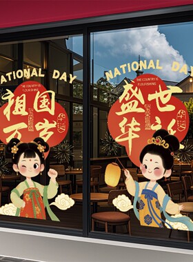 中秋国庆卡通古风橱窗静电贴