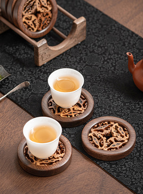 新款黑胡桃木中式茶杯垫隔热