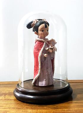 黑檀木圆形玻璃罩宝笼手办模型摆件工艺品玉石雕像佛像防尘展示盒