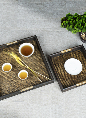泰国木质藤编正方形托盘家用客厅复古实木茶水杯茶具水果收纳茶盘