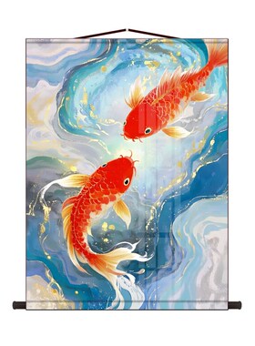 新中式年年有余客厅装饰丝绸挂画玄关红色鲤鱼挂画招财锦鲤
