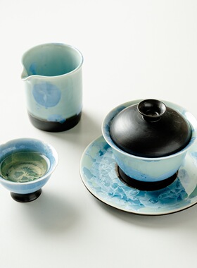 窑变釉冰花蓝三才盖碗大号泡茶碗