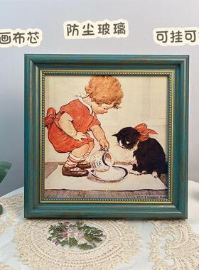 猫和小女孩油画装饰画摆件美法式复古相框卧室客厅玄关背景墙挂画