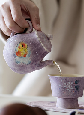 一壶一杯便携旅行茶具套装陶瓷女士户外露营独饮收纳包手绘绣球花