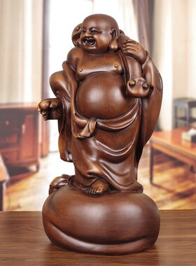 中式实木弥勒佛摆件 招财笑佛像适用客厅玄关 开业送礼可定制