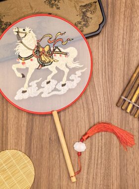 古风兰花蓝色团扇双面刺