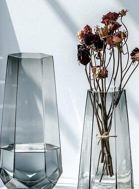 玫瑰摆件客厅玄关电视柜插花家居饰品透明花瓶玻璃北欧轻奢百合花
