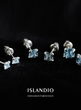 ISLANDIO纯银蓝宝石公主方钻耳钉