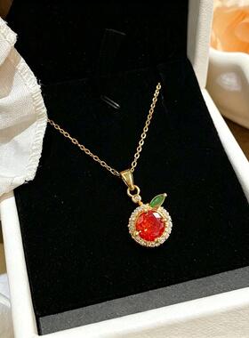 创意甜美橙色小橘子项链女简约精致锁骨链法式轻奢百搭颈链配饰品