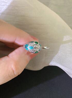 韩版档品质镶嵌锆石绿色眼睛灵蛇戒指女开口可调节百搭网红指环