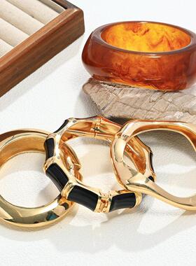 欧美复古轻奢滴油竹节开口手镯Bracelet设计感合金不规则波浪手环