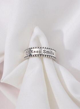笑脸Keep smils印字戒复古冷淡风潮女手饰品交叉T字缠绕戒指时尚