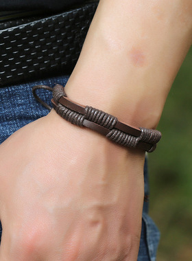 跨境男士手饰简约复古编织牛皮手链时尚小众设计学生饰品可调节