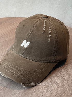 N字母刺绣破洞棒球帽女美式复古水洗磨边软顶鸭舌帽街头显脸小