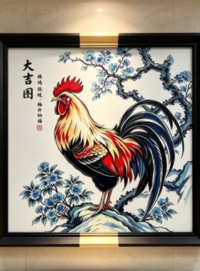 S2344新中式客厅餐厅玄关书房会客室瓷板挂画公鸡大吉4444