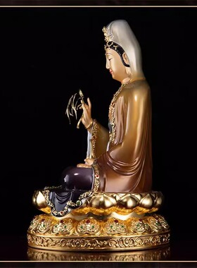 纯铜彩绘观音菩萨南海观世音佛像家用佛堂供奉娑婆三圣摆件坐莲像