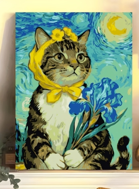 紫色蝴蝶猫咪治愈风diy数字油画